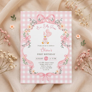 One Silly Goose Pink Bow Girl Birthday Invitation