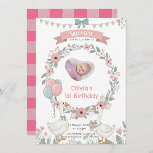 One Silly Goose Pink Floral 1st Birthday Invitatio Invitation