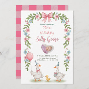 One Silly Goose Pink Floral 1st Birthday Invitatio Invitation