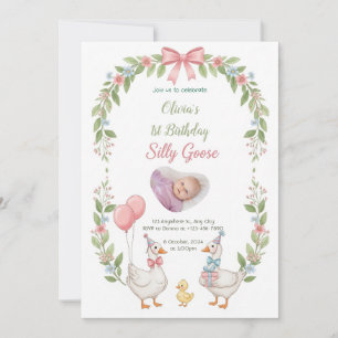 One Silly Goose Pink Floral 1st Birthday Invitatio Invitation
