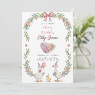 One Silly Goose Pink Floral 1st Birthday Invitatio Invitation
