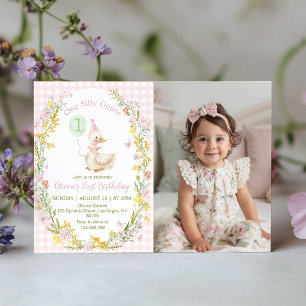 One Silly Goose Pink Floral Birthday Photo Invite