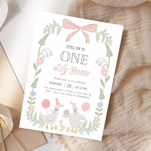 One Silly Goose Pink Floral Girl 1st Invitation
