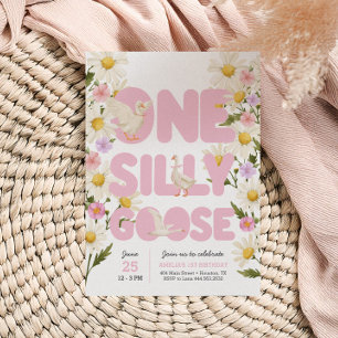One Silly Goose   Pink Floral Girls 1st Birthday Invitation