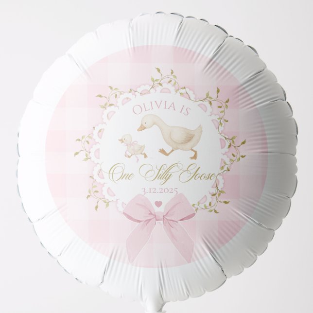 One Silly Goose Pink Gingham 1st Birthday Bow Balloon (Front)