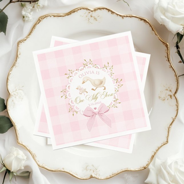 One Silly Goose Pink Gingham 1st Birthday Bow Napkins (Creator Uploaded)
