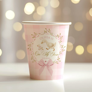 One Silly Goose Pink Gingham 1st Birthday Bow Paper Cups