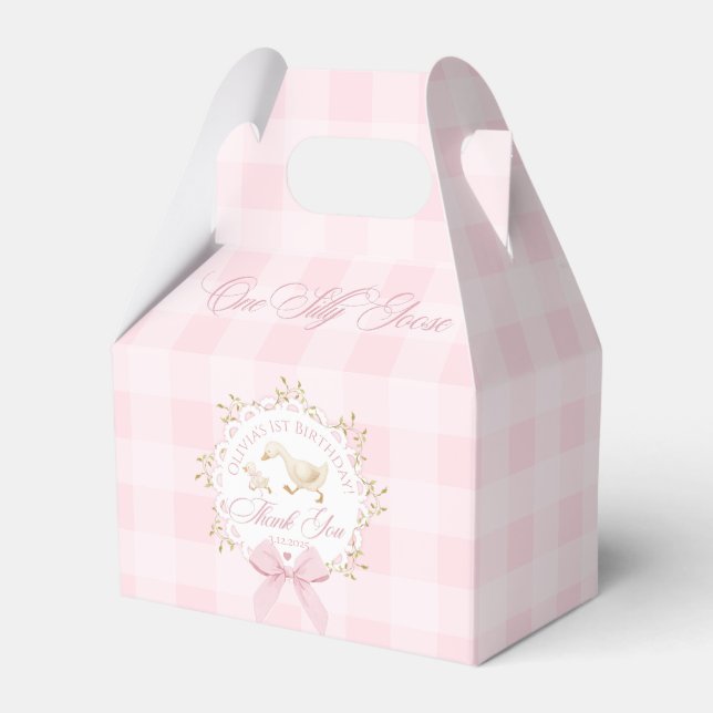 One Silly Goose Pink Gingham 1st Birthday Favor Boxes (Front Side)