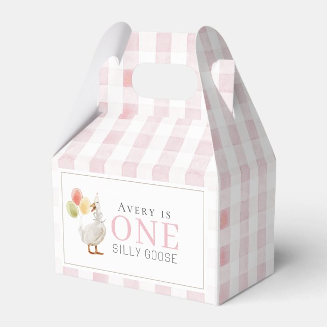 One Silly Goose Pink Gingham 1st Birthday Favor Boxes (Front Side)