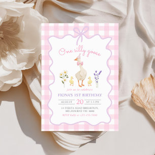 One Silly Goose Pink Gingham 1st Birthday Invitation