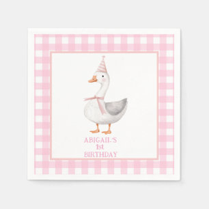 ONE SILLY GOOSE PINK GINGHAM 1ST BIRTHDAY NAPKINS