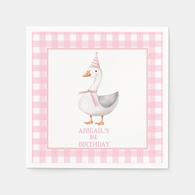 ONE SILLY GOOSE PINK GINGHAM 1ST BIRTHDAY NAPKINS (Front)