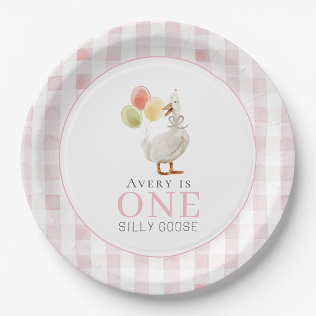 One Silly Goose Pink Gingham 1st Birthday Paper Plates (Front)