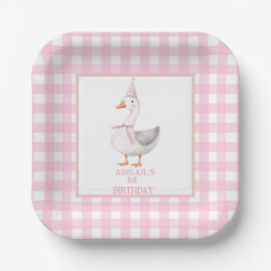 ONE SILLY GOOSE PINK GINGHAM 1ST BIRTHDAY PAPER PLATES