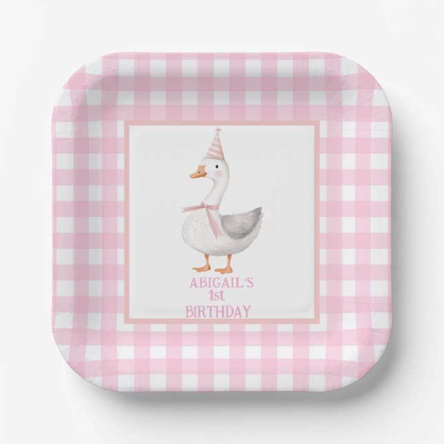 ONE SILLY GOOSE PINK GINGHAM 1ST BIRTHDAY PAPER PLATES (Front)