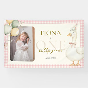 One Silly Goose Pink Gingham 1st Birthday Photo Banner