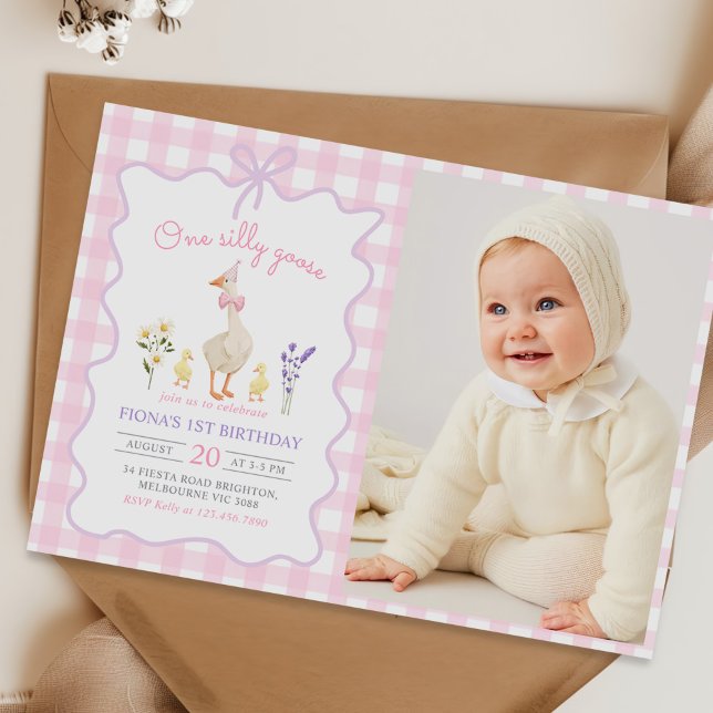 One Silly Goose Pink Gingham 1st Birthday Photo Invitation (Creator Uploaded)