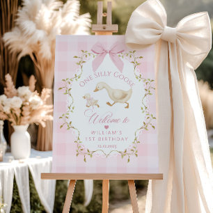 One Silly Goose Pink Gingham 1st Birthday Welcome Foam Board