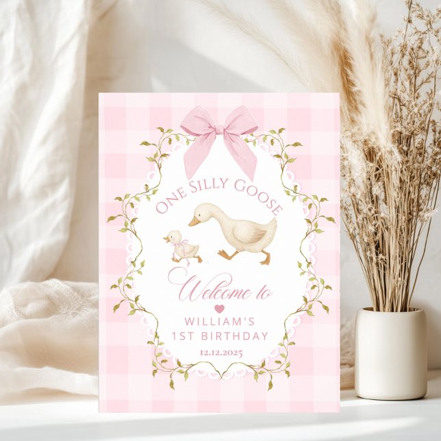 One Silly Goose Pink Gingham 1st Birthday Welcome Poster (Creator Uploaded)