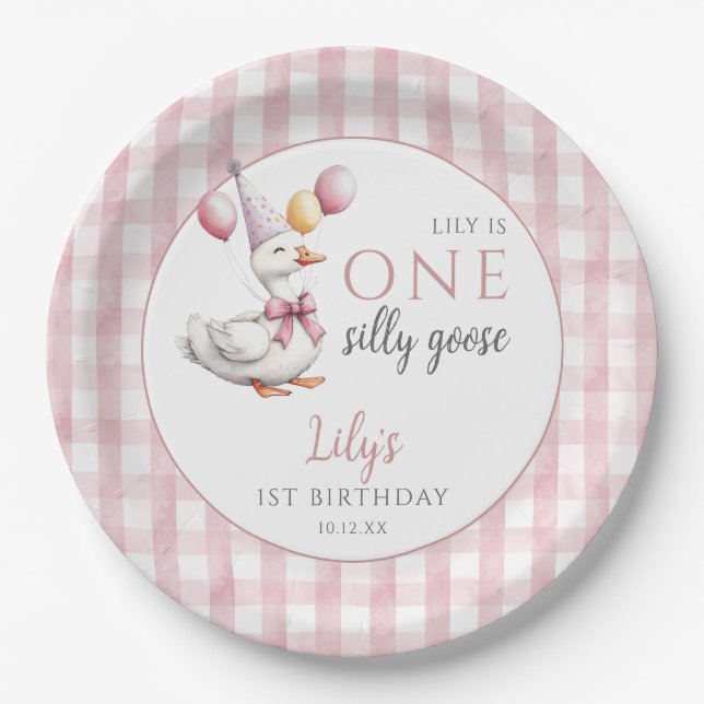 One Silly Goose Pink Gingham Balloons Birthday Paper Plates (Front)