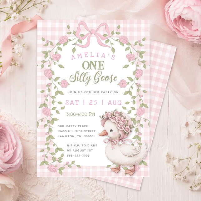 One Silly Goose Pink Gingham Birthday Party Invitation (One Silly Goose Pink Gingham Birthday Party Invitation)