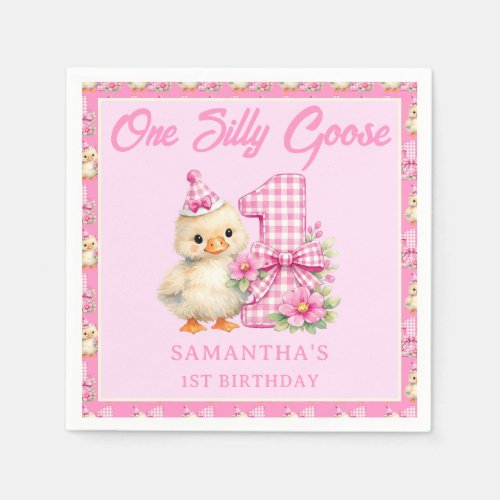 One Silly Goose Pink Gingham Bow 1st Birthday Napkins