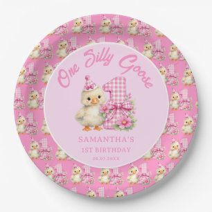 One Silly Goose Pink Gingham Bow 1st Birthday Paper Plates