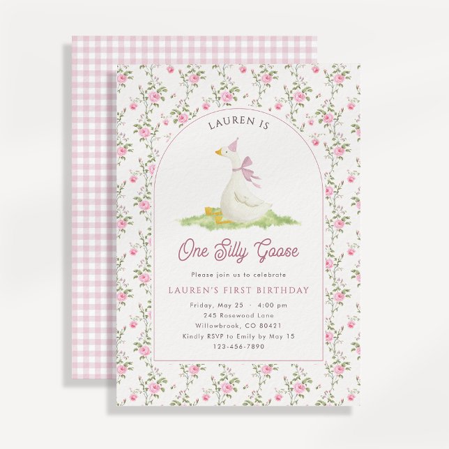 One Silly Goose Pink Gingham First Birthday  Invitation (Creator Uploaded)