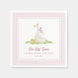 One Silly Goose Pink Gingham First Birthday  Napkins