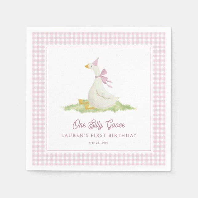 One Silly Goose Pink Gingham First Birthday  Napkins (Front)