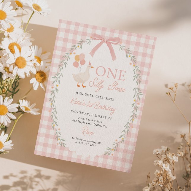 One Silly Goose Pink Gingham Girl 1st Birthday Invitation (Creator Uploaded)