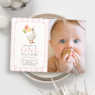 One Silly Goose Pink Gingham Girl 1st Birthday Invitation