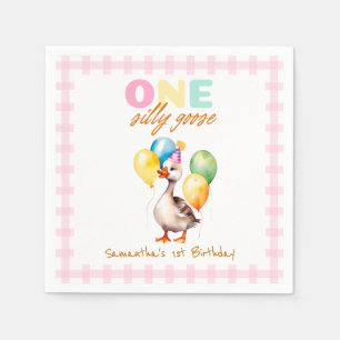 One Silly Goose Pink Gingham Girl 1st Birthday Napkins