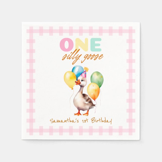 One Silly Goose Pink Gingham Girl 1st Birthday Napkins (Front)