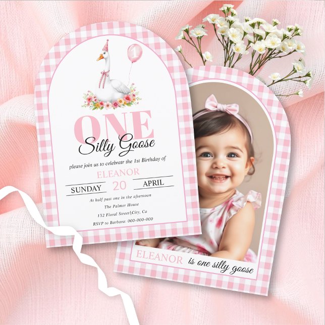 One silly goose, pink gingham girl first birthday invitation (Creator Uploaded)