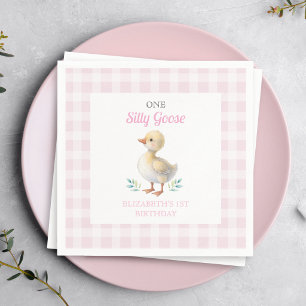 One Silly Goose Pink Gingham Girl First Birthday Napkins