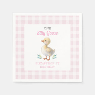 One Silly Goose Pink Gingham Girl First Birthday Napkins