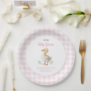 One Silly Goose Pink Gingham Girl First Birthday Paper Plates