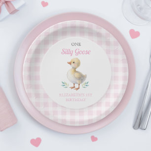 One Silly Goose Pink Gingham Girl First Birthday Paper Plates