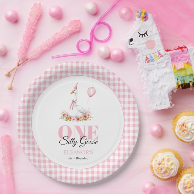 One silly goose, pink gingham girl's 1st birthday paper plates (Party)