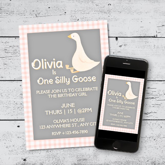 One Silly Goose Pink Gingham Girl's Birthday Party Invitation (One Silly Goose Pink Gingham Girl's Birthday Party Invitation)