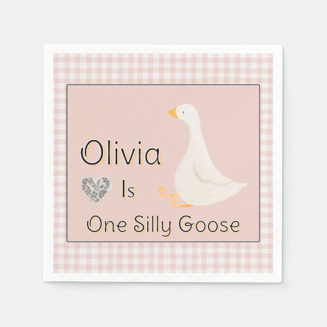 One Silly Goose Pink Gingham Girl's Birthday Party Napkins (Front)