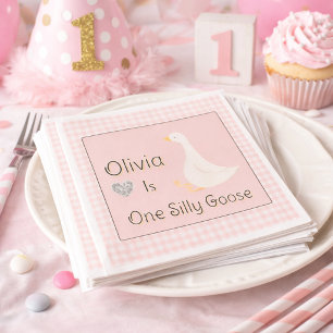 One Silly Goose Pink Gingham Girl's Birthday Party Napkins
