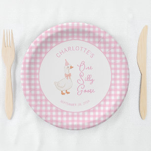 One Silly Goose Pink Gingham Rustic First Birthday Paper Plates