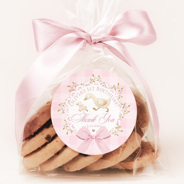 One Silly Goose Pink Gingham Whimsical Thank you Classic Round Sticker (Creator Uploaded)