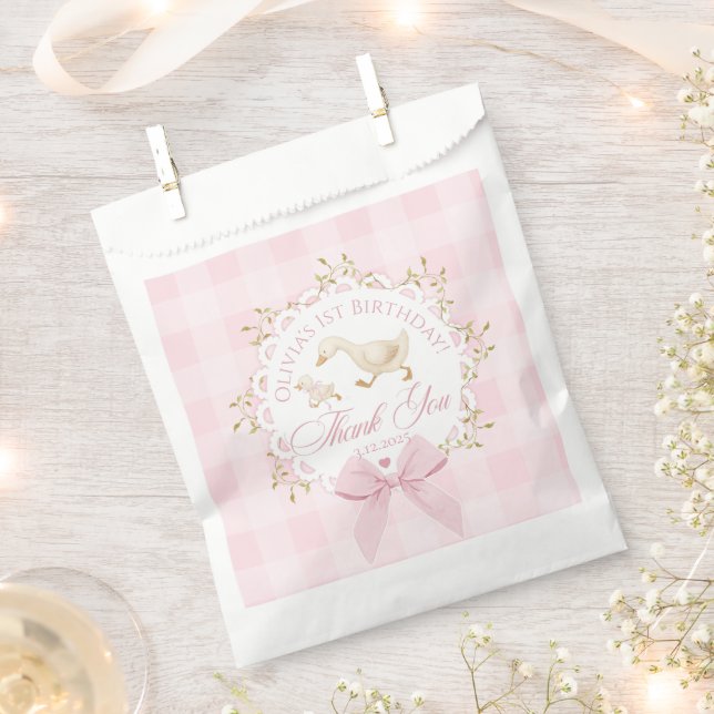 One Silly Goose Pink Gingham Whimsical Thank you Favor Bag (Clipped)