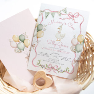 One Silly Goose Pink Girl 1st Birthday Invitation