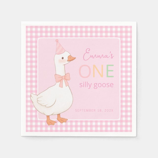 One Silly Goose Pink Girl First Birthday Party Hat Napkins (Front)