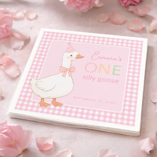 One Silly Goose Pink Girl First Birthday Party Hat Napkins