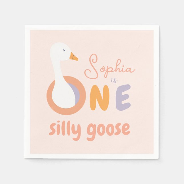 One Silly Goose Pink Girl First Birthday Party   Napkins (Front)